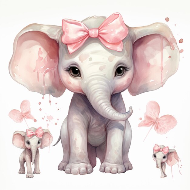 Foto há um bebê elefante com um arco rosa e dois elefantes menores generativos ai