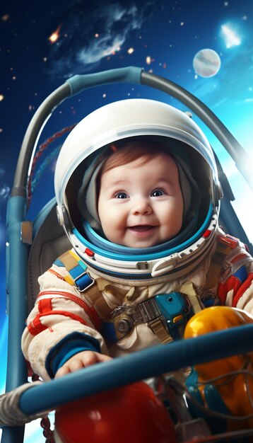 há um bebê em um traje espacial sentado em um carrinho ai generativo