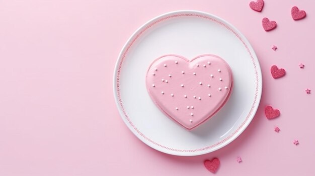 Há um biscoito cor-de-rosa em forma de coração num prato com corações espalhados em torno dele.