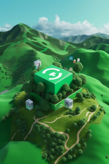 Há um bloco verde com uma flecha verde no meio de uma colina verde generativa ai