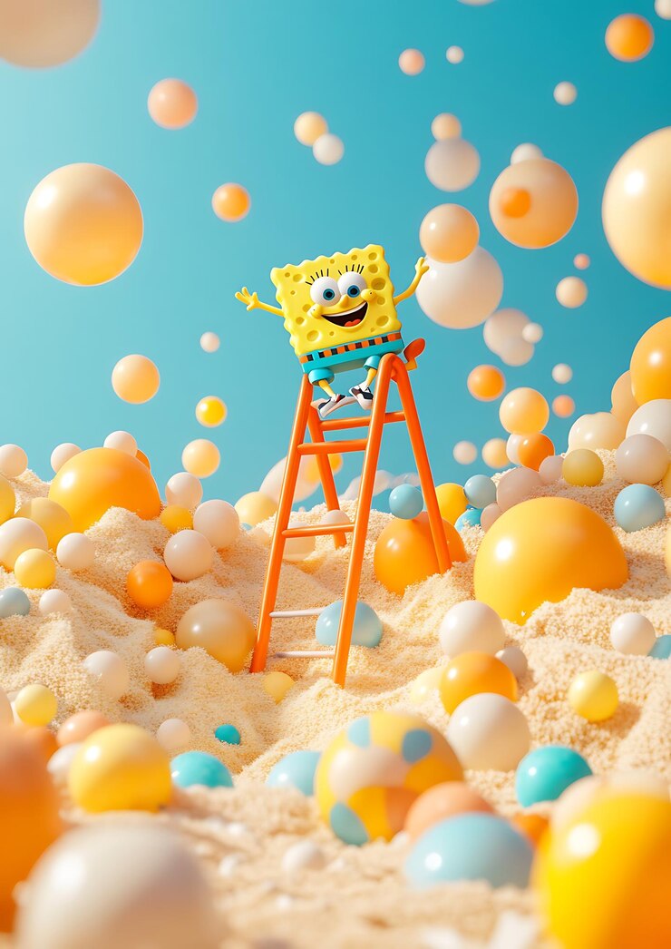 Foto há um bob esponja numa escada na areia com balões.