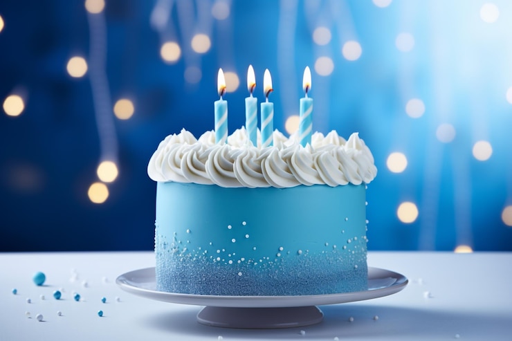 Foto há um bolo azul com cobertura branca e velas acesas generativas ai
