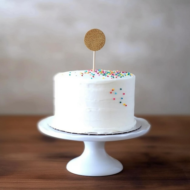Há um bolo branco com um topo de ouro em um suporte de bolo generativo ai