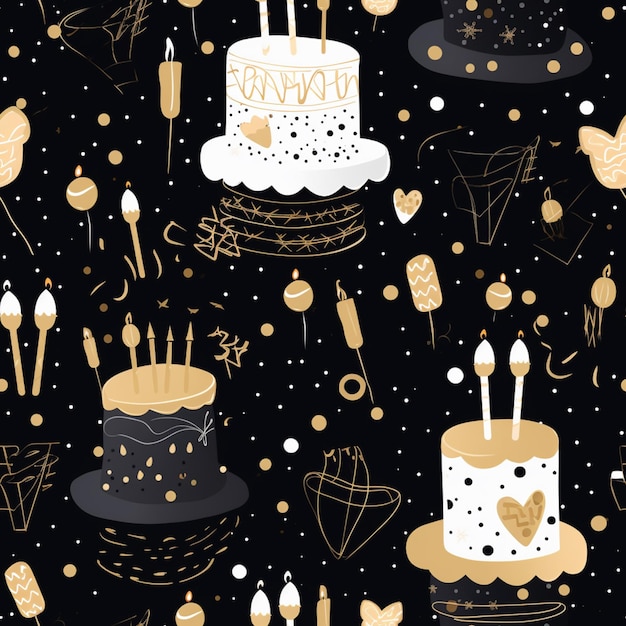 Há um bolo de aniversário preto e dourado com velas e confete generativo ai