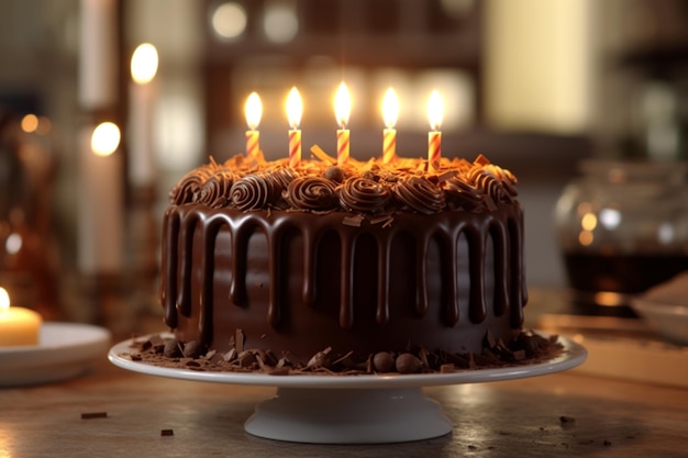 Há um bolo de chocolate com velas em cima dele.