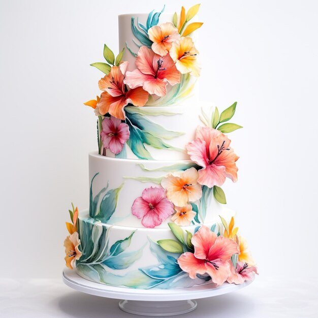 Foto há um bolo de três camadas com flores pintadas nele.