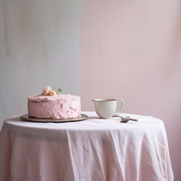 Há um bolo rosa numa mesa com uma chávena de café.