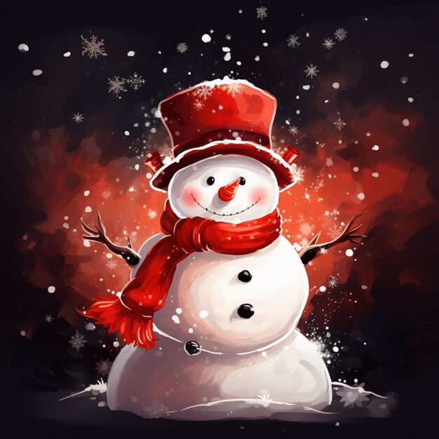Há um boneco de neve com um chapéu vermelho e um lenço em generativo ai