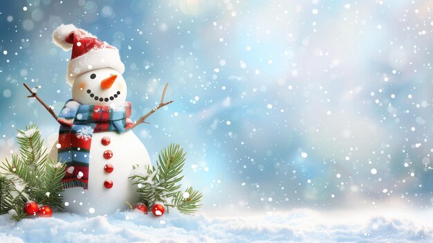 Há um boneco de neve com um lenço e um chapéu na neve.