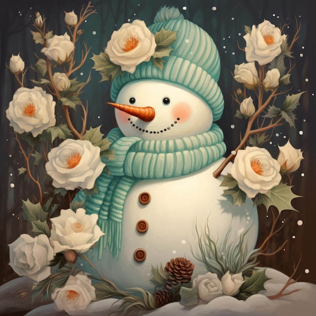 Há um boneco de neve com um lenço e um chapéu na neve.