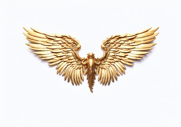 há um broche de asa de anjo dourado em um fundo branco generativo ai