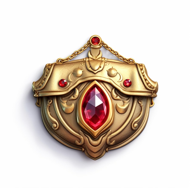 Há um broche dourado e vermelho com uma pedra vermelha generativa ai