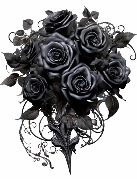 há um buquê de rosas pretas com folhas em um fundo branco generativo ai