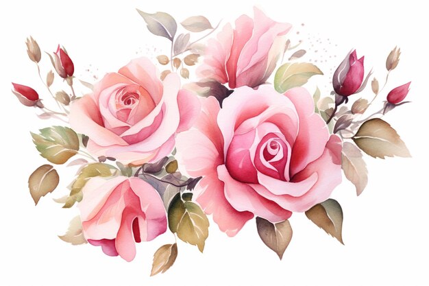 Foto há um buquê de rosas rosas com folhas verdes em um fundo branco generativo ai