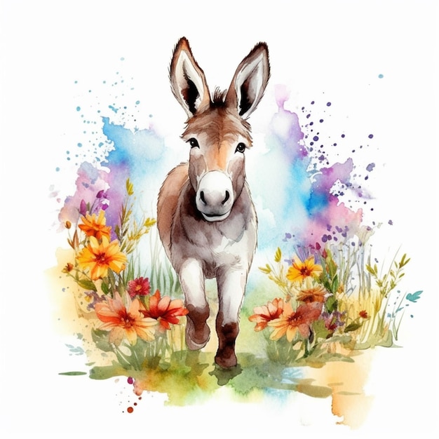 Há um burro que está parado na grama com flores generativas ai