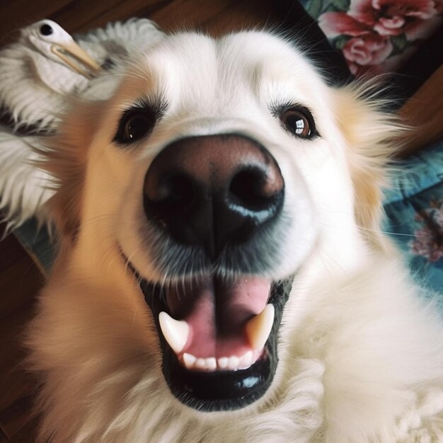 Há um cachorro branco com nariz preto e uma pelagem branca generativa ai