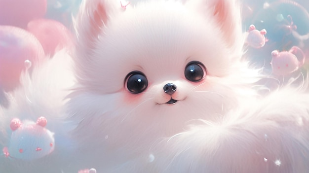 Há um cachorro branco com olhos grandes e uma flor rosa generativa ai