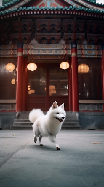 há um cachorro branco correndo na frente de um prédio com IA generativa