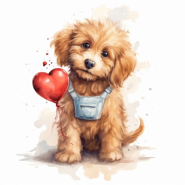 há um cachorro com um balão em forma de coração na boca ai generativo