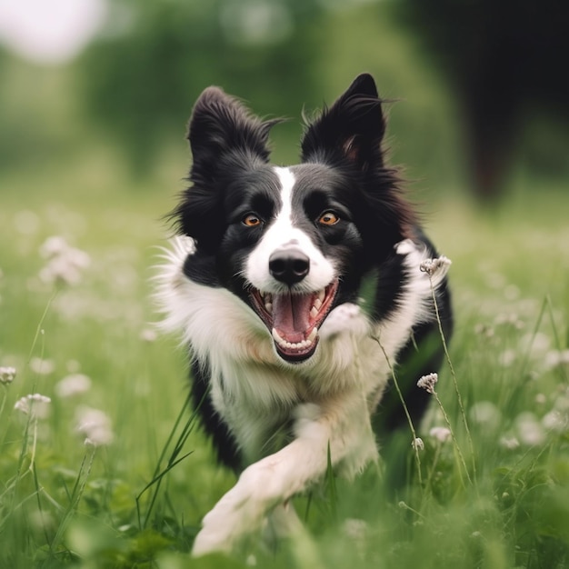 Há um cachorro correndo por um campo de grama com flores generativas ai