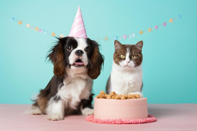 Foto há um cachorro e um gato sentados ao lado de um bolo de aniversário generativo ai