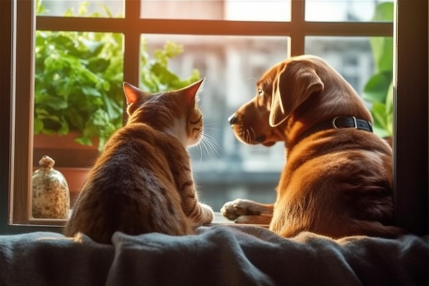 Foto há um cachorro e um gato sentados em uma janela generativa ai