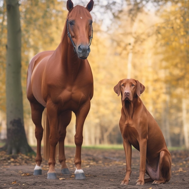 há um cachorro marrom sentado ao lado de um cavalo marrom generativo ai