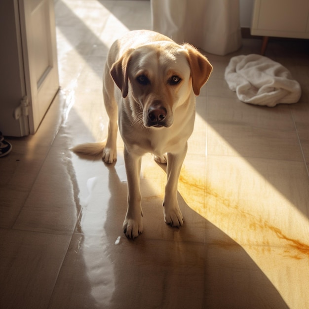 Há um cachorro parado no chão sob o sol generativo ai