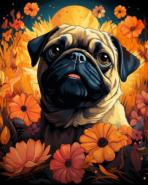 há um cachorro pug sentado em um campo de flores generativo ai