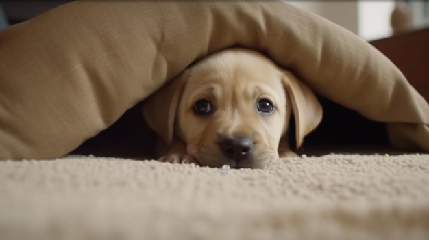 Foto há um cachorro que está escondido debaixo de um travesseiro no chão generative ai