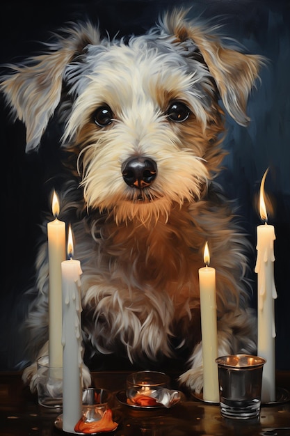 há um cachorro sentado em uma mesa com velas e uma vela geradora ai