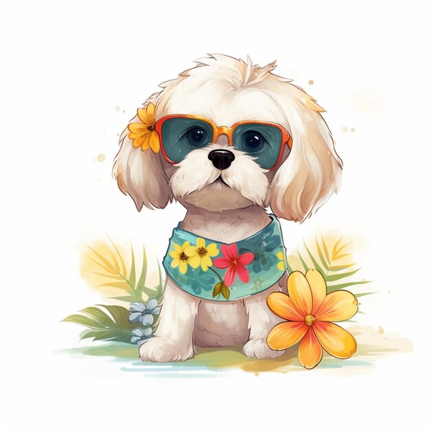 há um cachorro usando óculos escuros e uma coleira de flores generativa ai