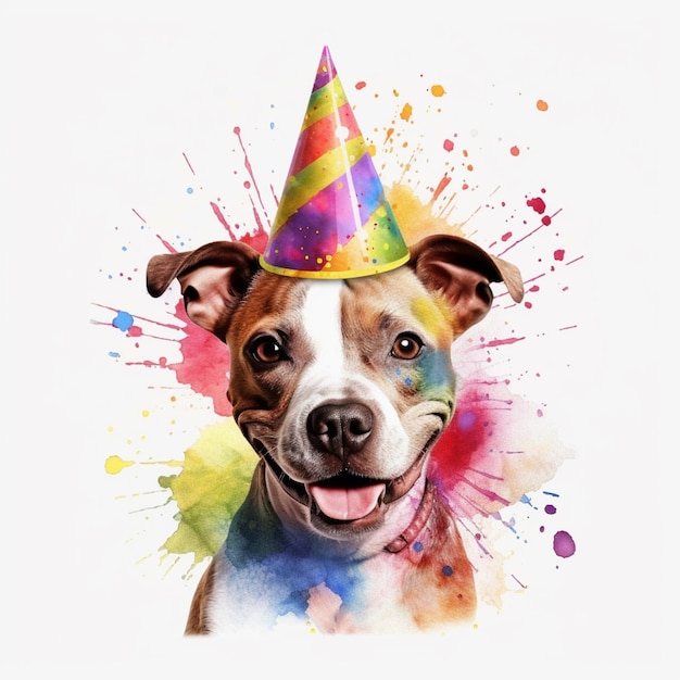 Há um cachorro usando um chapéu de festa com um design colorido generativo ai