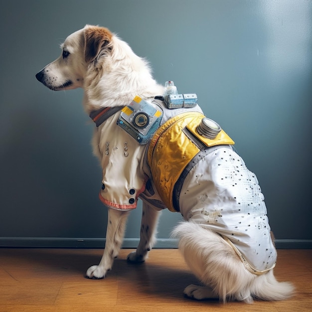 Há um cachorro vestindo uma fantasia que está em um piso de madeira generativo ai