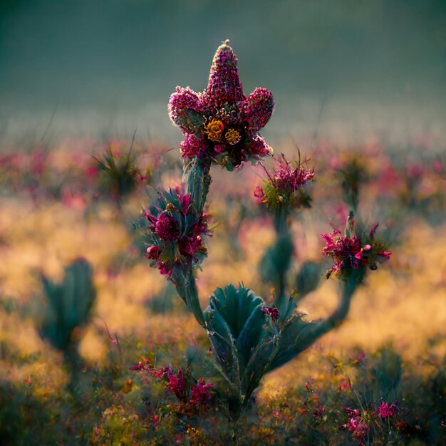 há um cacto com uma flor no meio de um campo generativo ai