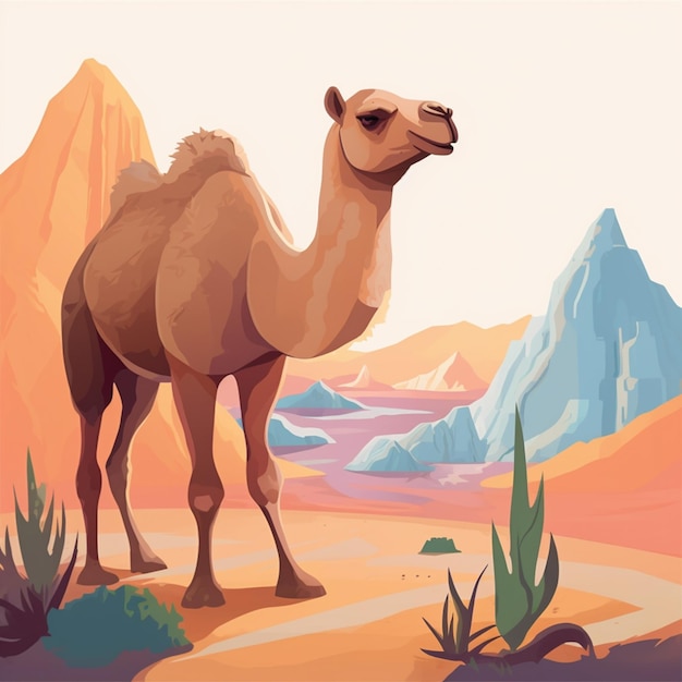 Foto há um camelo de pé no deserto com montanhas ao fundo.