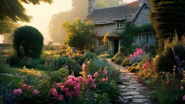 Há um caminho de pedra que leva a uma casa com um jardim de flores.