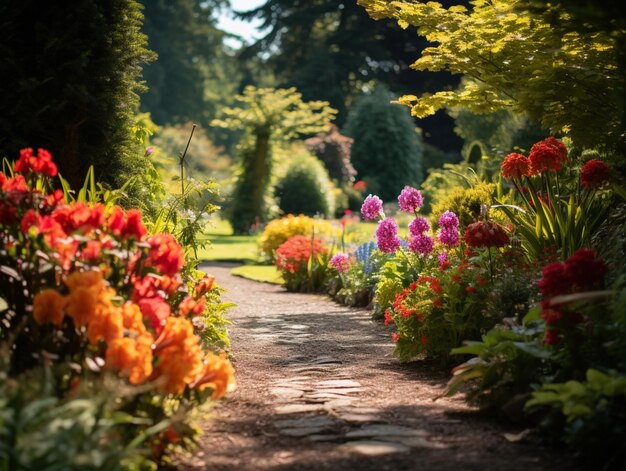 Foto há um caminho que tem muitas flores diferentes sobre ele generativo ai