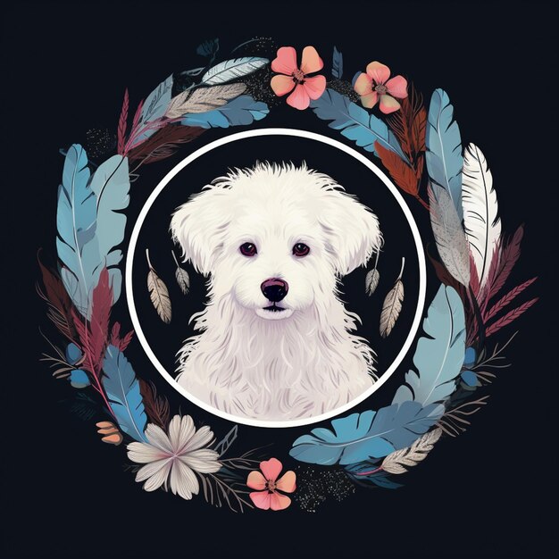 Foto há um cão branco com penas e flores em um círculo generativo ai