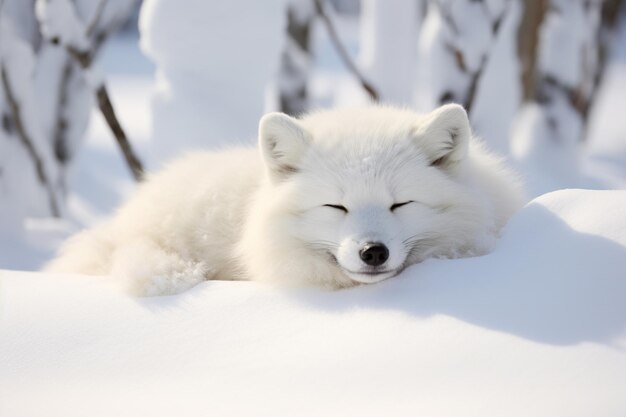 Há um cão branco que está deitado na neve generativo ai
