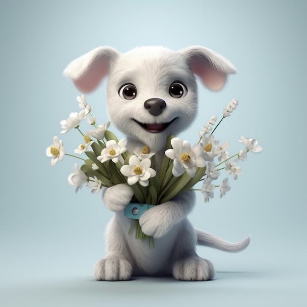 Há um cão branco segurando um buquê de flores em suas patas generativo ai