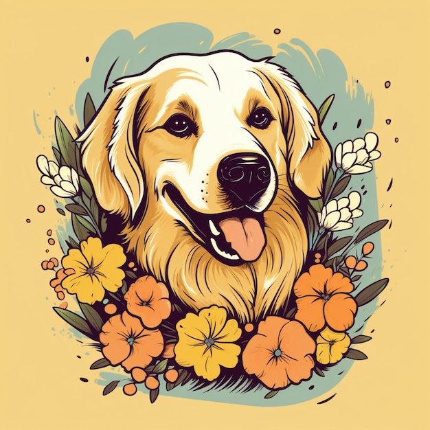 Há um cão com flores ao redor do pescoço.