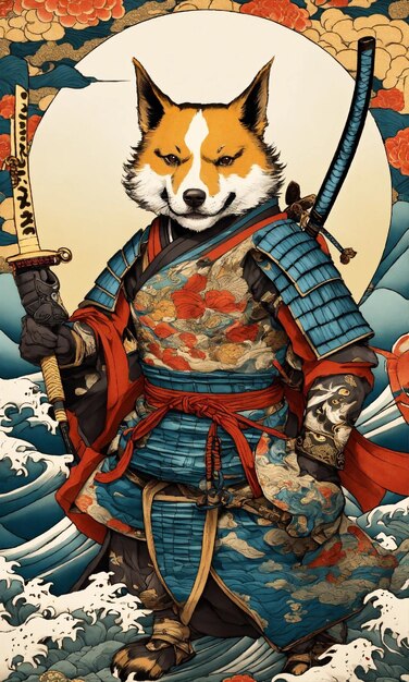 há um cão com um peixe e uma espada em um fundo branco cão samurai cão guerreiro cão blindado