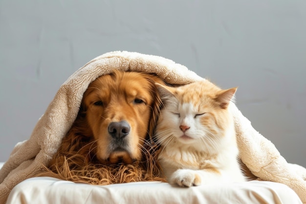 Há um cão e um gato deitados sob um cobertor em uma cama