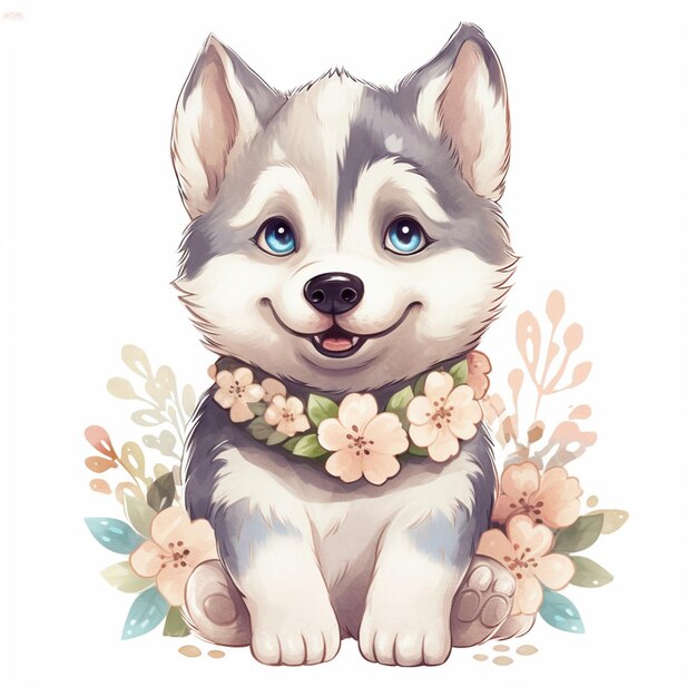 Foto há um cão husky com um colar de flor sentado generativo ai