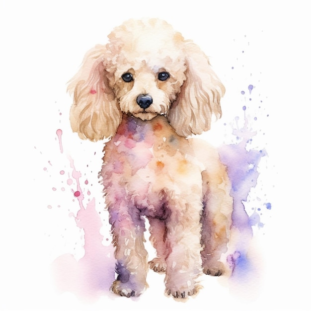 Há um cão poodle branco com um colarinho rosa e olhos azuis generativo ai