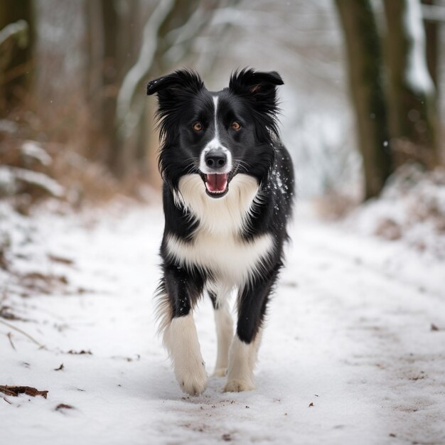 Há um cão preto e branco a caminhar na neve.