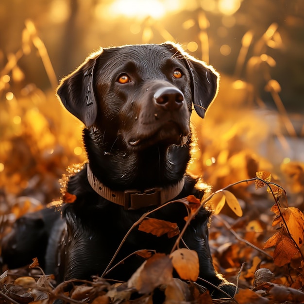 Há um cão preto sentado nas folhas no sol generativo ai