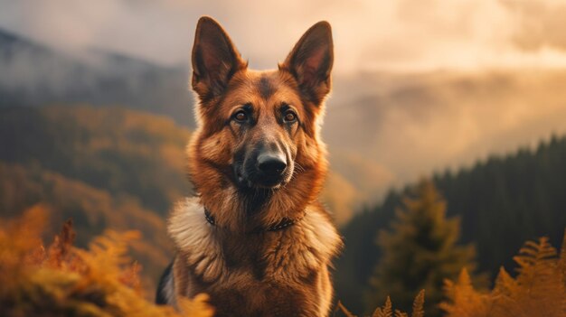 Há um cão que está de pé na grama com montanhas ao fundo.