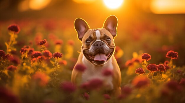 Há um cão que está de pé num campo de flores.